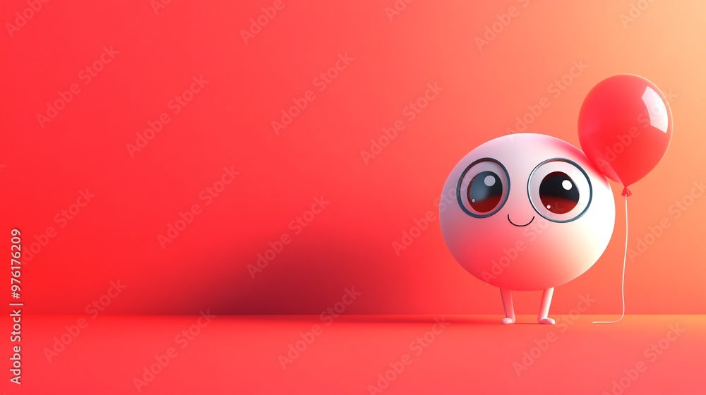 Obraz premium 3D rendering of a cute, cartoon character holding a red balloon.