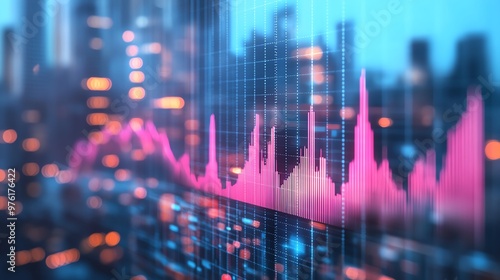 Vibrant graph illustrating financial trends with pink peaks, representing stock market changes in a digital cityscape.