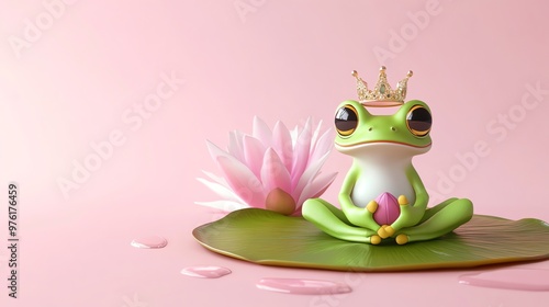 A cute, green frog wearing a golden crown sits on a lily pad with a pink flower on a pink background.
