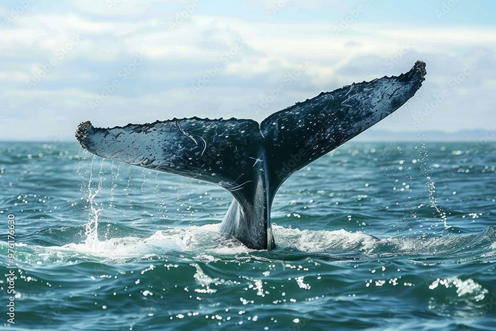 Naklejka premium A gray whale, migrating along the coast, its powerful tail propelling it through the waves with relentless force