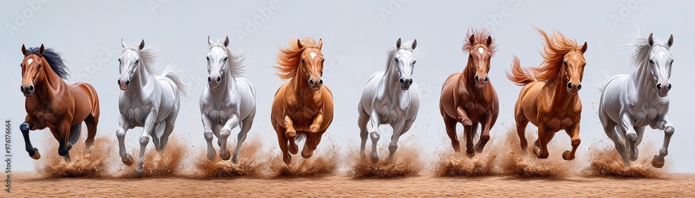 Obraz premium A herd of wild horses kicking up dust as they run across a desert landscape, watercolor capturing their raw energy and freedom.
