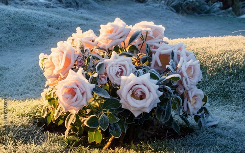 Generative-AI, Close-Up of Frosted Rose with Intricate Frost Details on Petals and Leaves photo