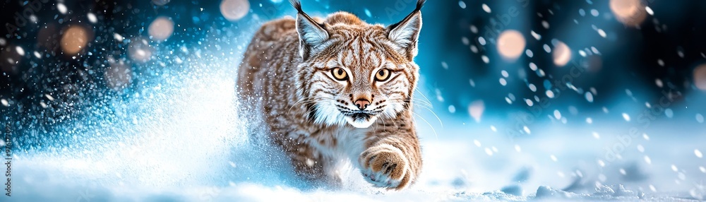 Fototapeta premium A lynx prowling through a snowy forest, soft watercolor strokes blending into the winter landscape, symbolizing freedom and survival.