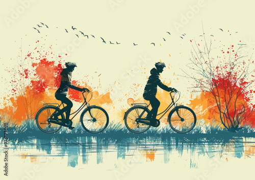 Couple Cycling on Tandem Bicycle in Autumn Setting - Teamwork and Togetherness for Shared Goals