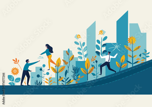 Collaborative Teamwork for Business Growth in Modern Urban Environment - Minimalist Vector Illustration, Corporate Success Concept, Daytime, Positive and Motivational Theme
