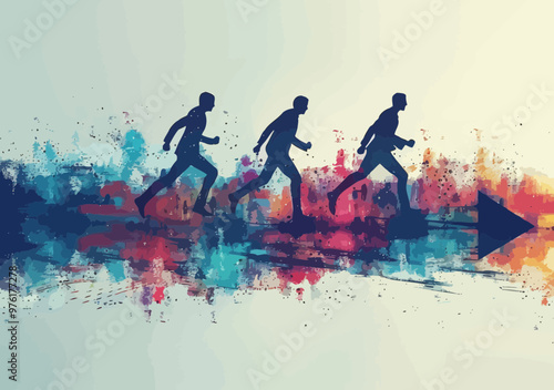 Businessmen Running on Arrows in Competitive Race, Abstract Vector Illustration of Corporate Competition, Dynamic and Colorful Concept, Symbolizing Determination, Progress, and Success in Business