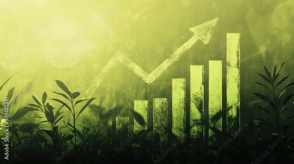 A green and yellow toned image of a growing bar chart and arrow in a forest setting symbolizing growth and the future. A green and yellow toned image of a growing bar chart and arrow in a forest setting symbolizing growth and the future.