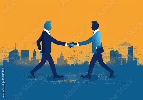 Businessmen Shaking Hands in Urban Setting, Conceptual Business Illustration Depicting Deal Closure and Partnership in Modern Cityscape with Minimalist Design, Blue and Orange Tone, Evening Mood