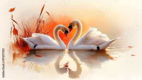 Fototapeta Naklejka Na Ścianę i Meble -  A pair of swans gliding on a peaceful lake at dusk, soft watercolor tones representing serenity and free companionship.