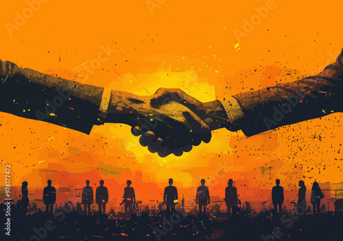 Business Partnership Handshake Over Digital Network with Team Silhouettes at Sunset - Concept of Collaboration, Agreement, and Networking