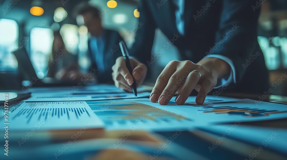 A close-up of a businessman reviewing financial documents and charts, showcasing teamwork and decision-making in a modern office. A close-up of a businessman reviewing financial documents and charts, showcasing teamwork and decision-making in a modern office.