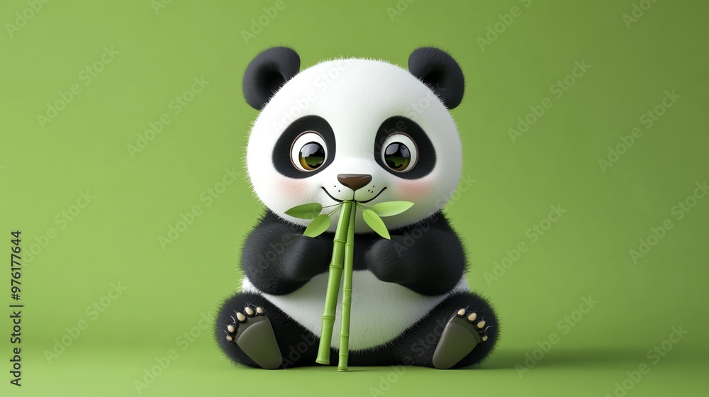 A cute, cartoon panda bear eats bamboo shoots. A cute, cartoon panda bear eats bamboo shoots.