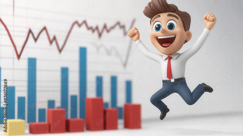 A joyful 3D cartoon investor celebrates success with raised arms, surrounded by colorful bar graphs and line chart indicating growth. This image captures excitement of financial achievement A joyful 3D cartoon investor celebrates success with raised arms, surrounded by colorful bar graphs and line chart indicating growth. This image captures excitement of financial achievement