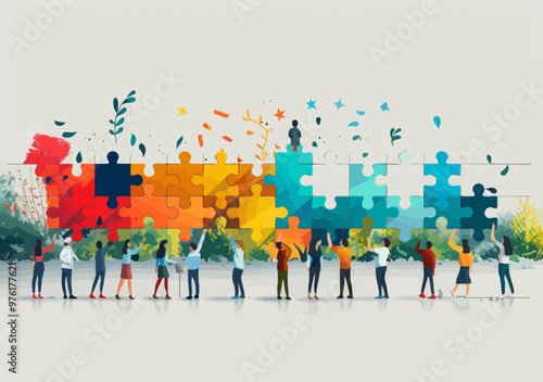 Collaborative Team Building a Successful Business Plan Puzzle Piece by Piece - Vibrant Vector Illustration of Strategy Discussion and Planning