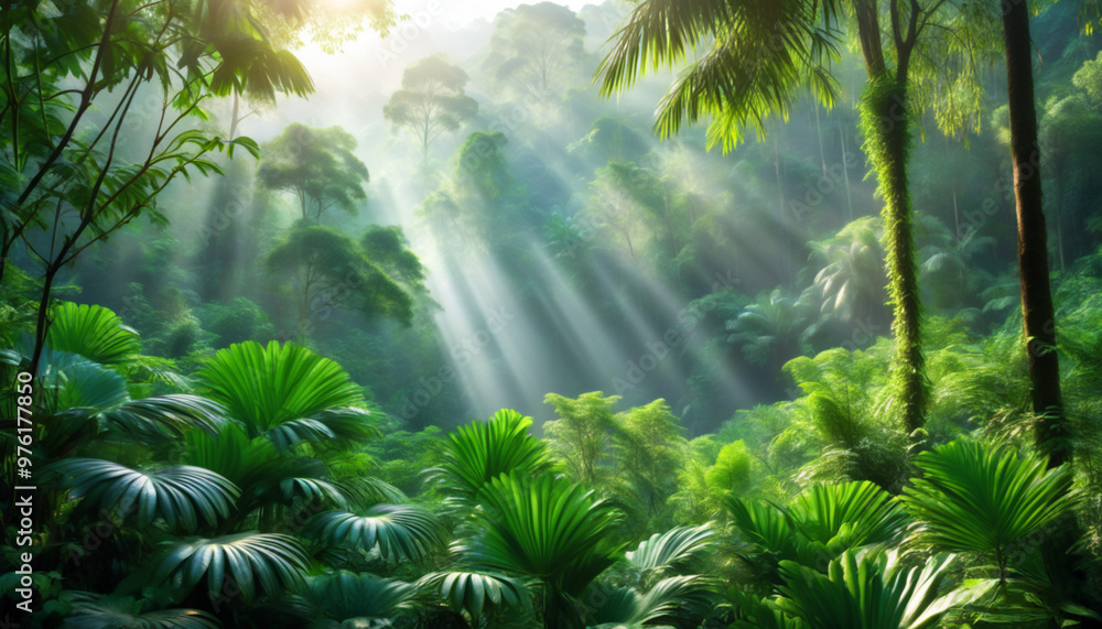 breaking through the rays of the sun falling and penetrating through the dense green jungle thickets breaking through the rays of the sun falling and penetrating through the dense green jungle thickets