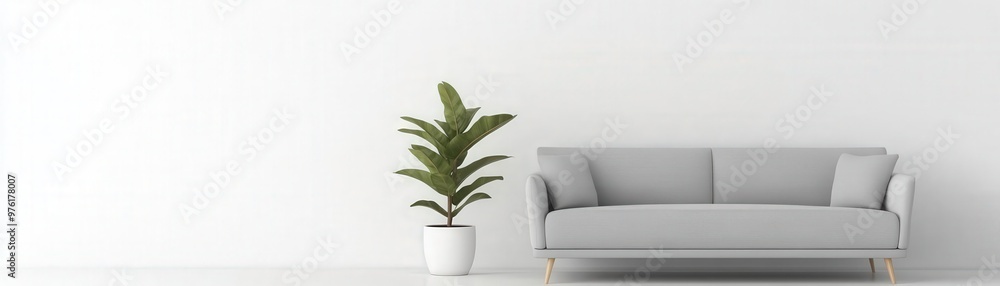 Cleanlined grey sofa in a bright, minimalist living room, with white walls and a single potted plant, Minimalist design, modern living room Cleanlined grey sofa in a bright, minimalist living room, with white walls and a single potted plant, Minimalist design, modern living room