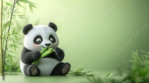 A cute cartoon panda eating bamboo in a green forest setting. photo