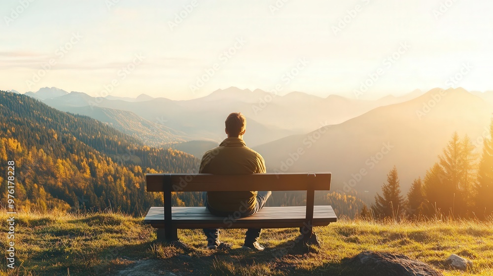 Individual sitting on a bench, gazing at a serene mountain landscape, soft sunlight illuminating the scene, Emotional ease, relaxation in nature Individual sitting on a bench, gazing at a serene mountain landscape, soft sunlight illuminating the scene, Emotional ease, relaxation in nature
