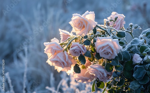 Generative-AI, Close-Up of Frosted Rose with Intricate Frost Details on Petals and Leaves photo