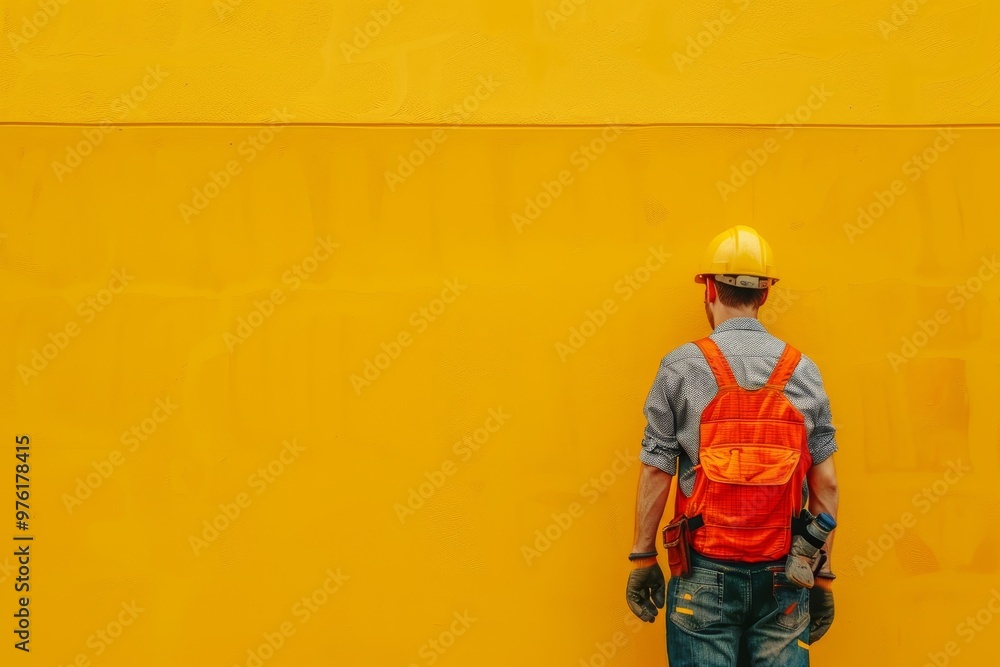 A construction worker wearing a hard hat and an orange safety vest faces a bright yellow wall, ready to begin work at a construction site under clear skies. A construction worker wearing a hard hat and an orange safety vest faces a bright yellow wall, ready to begin work at a construction site under clear skies.