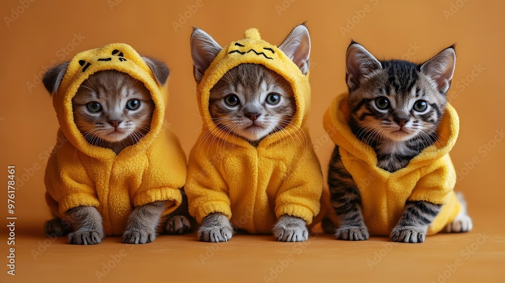 Fototapeta premium Cute Kittens in Halloween Costumes with Pumpkins on Orange Background AI generated