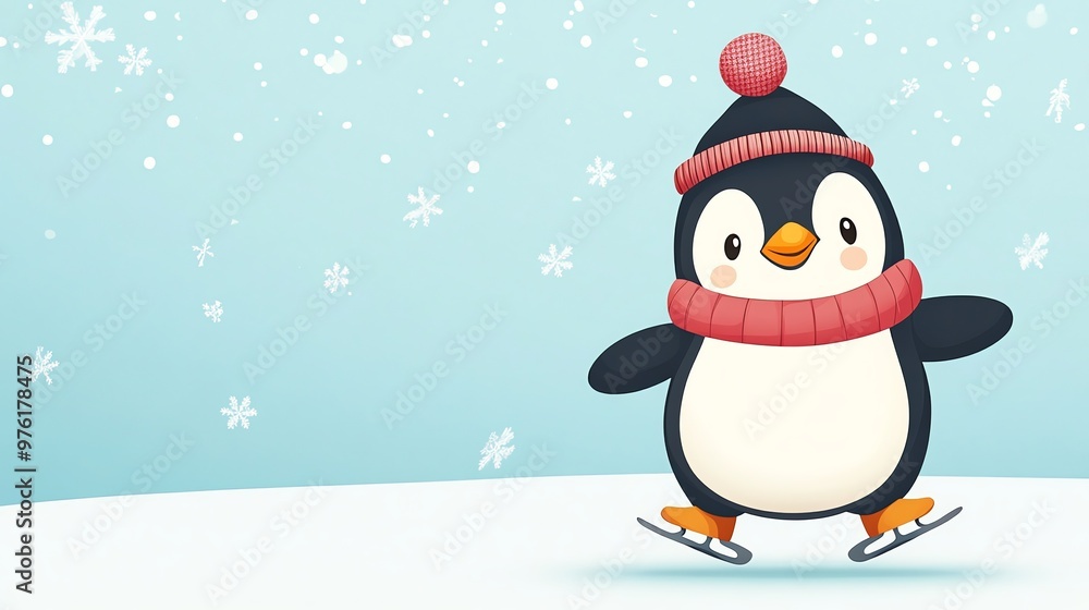A cute penguin wearing a red hat and scarf ice skates on a snowy background. A cute penguin wearing a red hat and scarf ice skates on a snowy background.