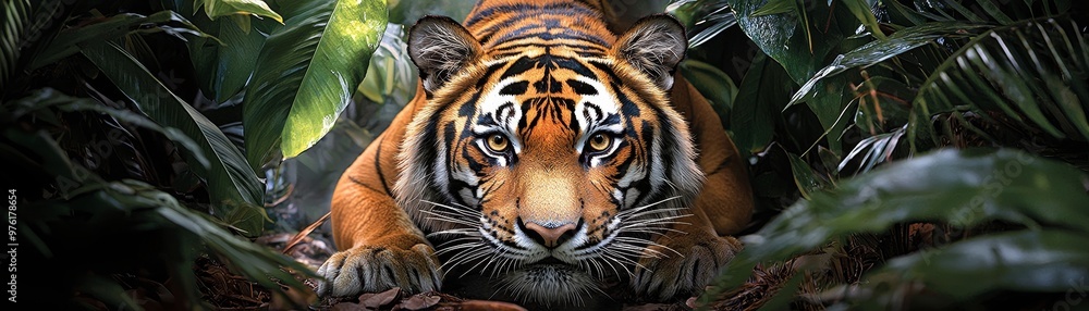 Fototapeta premium A tiger prowling through a dense jungle, with watercolor brushstrokes blending into the wild surroundings.