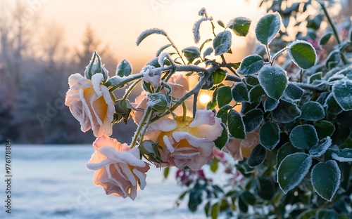 Generative-AI, Close-Up of Frosted Rose with Intricate Frost Details on Petals and Leaves photo