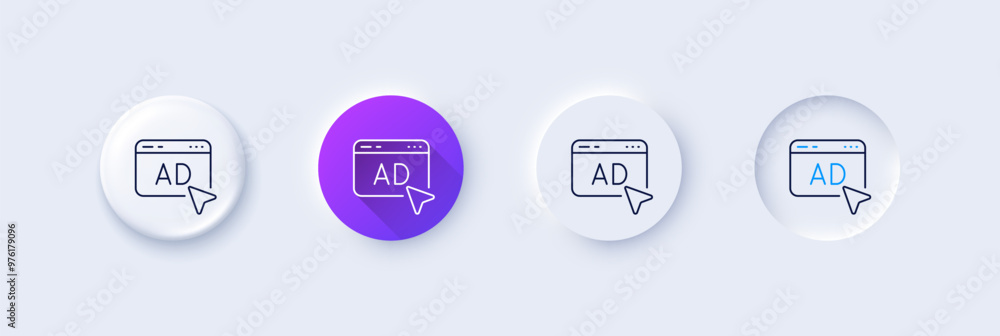 Ad line icon. Neumorphic, Purple gradient, 3d pin buttons. Online offer sign. Internet promotion symbol. Line icons. Neumorphic buttons with outline signs. Vector Ad line icon. Neumorphic, Purple gradient, 3d pin buttons. Online offer sign. Internet promotion symbol. Line icons. Neumorphic buttons with outline signs. Vector