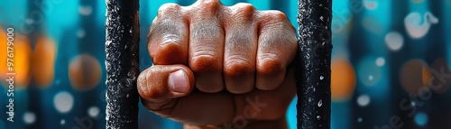 Watercolor image of a hand gripping bars, with the outside world painted in soft hues to signify unreachable freedom.