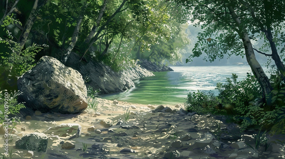 Tranquil River Scene: Lush Forest, Blue Sky, and Sparkling Water Tranquil River Scene: Lush Forest, Blue Sky, and Sparkling Water