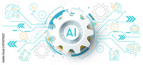 Artificial Intelligence Logo on futuristic technology background and icon, AI generative technology concept, neural network, big data, digital Hud futuristic and deep learning, vector illustration
