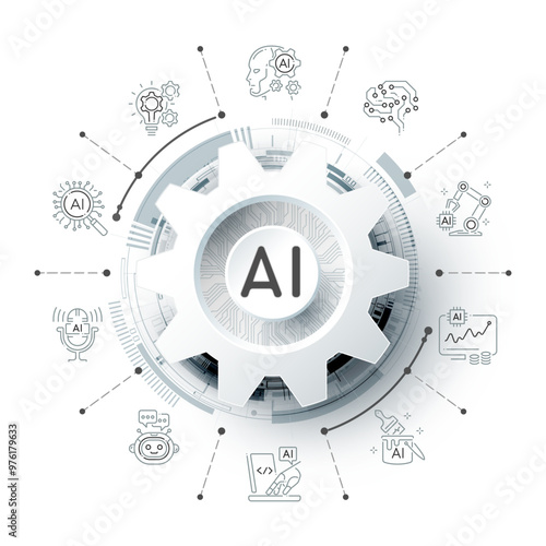 Artificial Intelligence Logo on futuristic technology background and icon, AI generative technology concept, neural network, big data, digital Hud futuristic and deep learning, vector illustration
