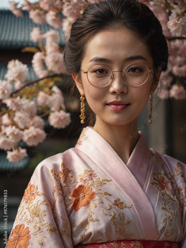 Young East Asian woman with dark hair wearing pink and orange floral kimono, standing in front of blurred background of pink cherry blossoms Young East Asian woman with dark hair wearing pink and orange floral kimono, standing in front of blurred background of pink cherry blossoms