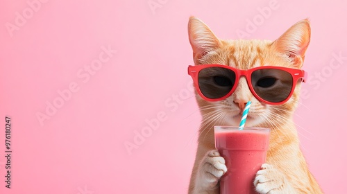 A cat in red sunglasses drinks a smoothie through a straw.