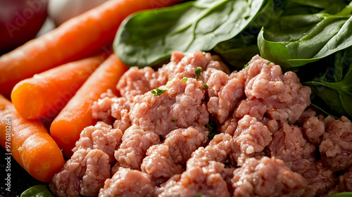 close-up of a BARF meal with raw ground beef, carrots, and spinach, arranged for optimal nutrition photo