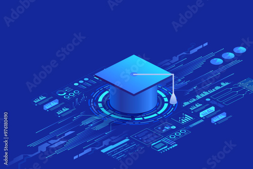 Online education or studying in internet concept. Digital Vector illustration blue background. Online reading or courses. Digital Classroom Online Education.