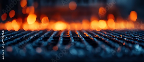 3D Close-up of glowing embers on a textured metal surface, showcasing vibrant colors and captivating light patterns. photo