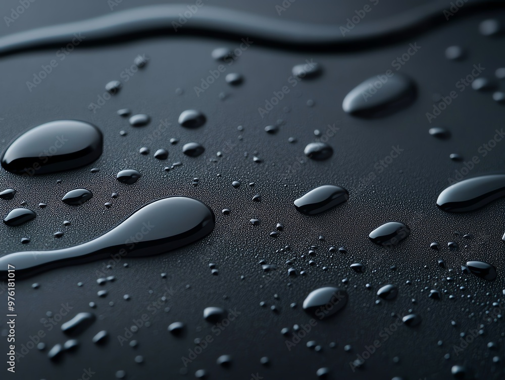 3D Close-up of water droplets on a dark surface, showcasing their shape and texture for various design and creative projects. 3D Close-up of water droplets on a dark surface, showcasing their shape and texture for various design and creative projects.