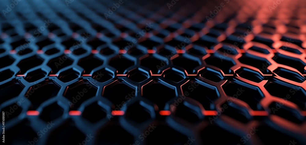 Fototapeta premium 3D Close-up view of a modern hexagonal grid pattern with blue and red lighting, ideal for technology and innovation themes.
