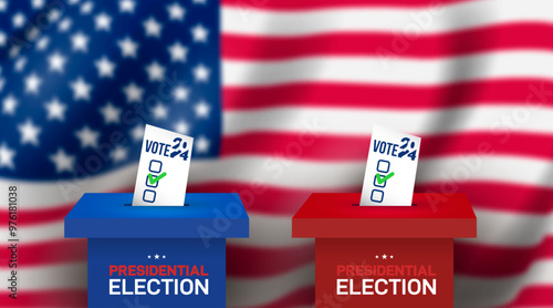 United States elections. US elections 2024. Template elections to US 2024, preparation of vote against the background of a blurred American flag. Design Electoral Bulletin.