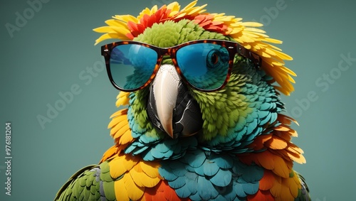 A parrot wearing blue sunglasses with colorful feathers.