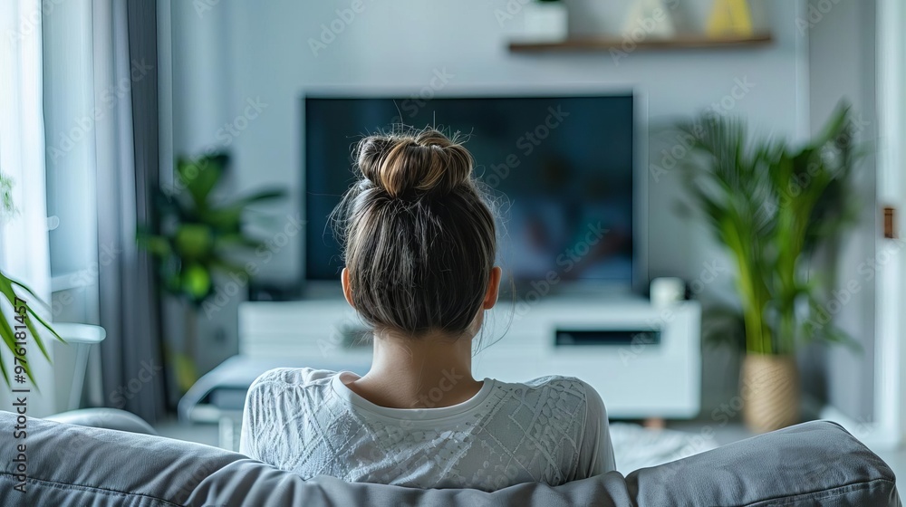 woman sitting on sofa in living room watching television rear view perspective woman sitting on sofa in living room watching television rear view perspective