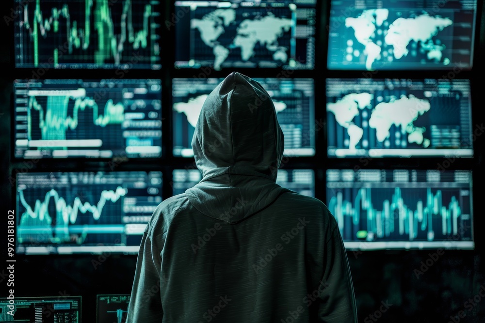 In a darkened room, an individual wearing a hoodie intently studies various data visualizations on numerous screens, reflecting complex financial trends and global markets. In a darkened room, an individual wearing a hoodie intently studies various data visualizations on numerous screens, reflecting complex financial trends and global markets.