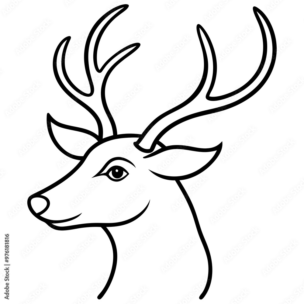A simple reindeer profile, focusing on the antlers and face in sleek line ar A simple reindeer profile, focusing on the antlers and face in sleek line ar
