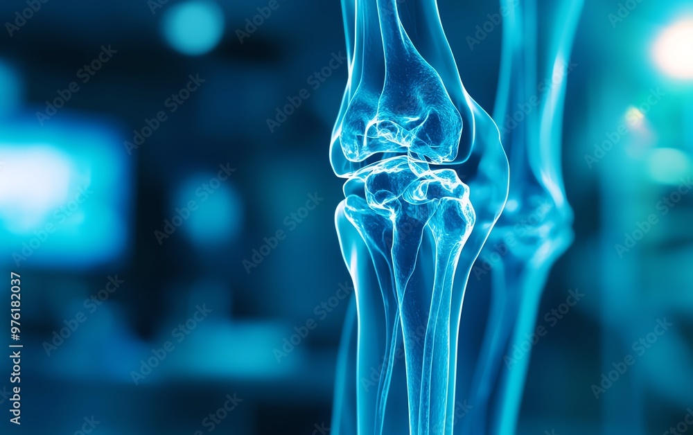 Detailed x-ray image of a human knee joint, showcasing anatomy and structure in a blue overlay for medical illustration. Detailed x-ray image of a human knee joint, showcasing anatomy and structure in a blue overlay for medical illustration.
