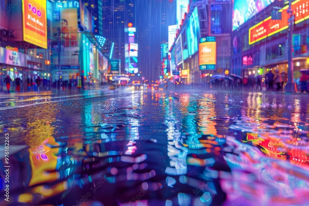 A heavy downpour turns the city streets into glistening rivers, reflecting the neon lights and creating a mesmerizing spectacle A heavy downpour turns the city streets into glistening rivers, reflecting the neon lights and creating a mesmerizing spectacle