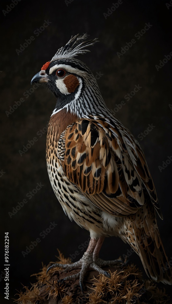 Quail with beautiful feathers in a dark setting. Quail with beautiful feathers in a dark setting.