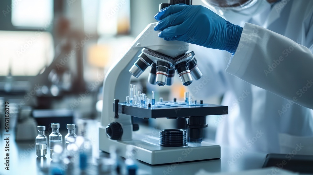 Scientist examining a sample with microscope in lab Scientist examining a sample with microscope in lab