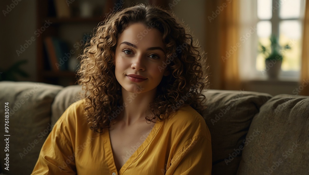 Radiant woman with natural curls on a cozy sofa, yellow blouse against soft lighting. Radiant woman with natural curls on a cozy sofa, yellow blouse against soft lighting.